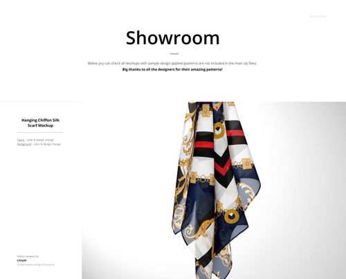 Elegant silk scarf mockup featuring intricate baroque-inspired designs in gold, blue, and red, shown vertically.