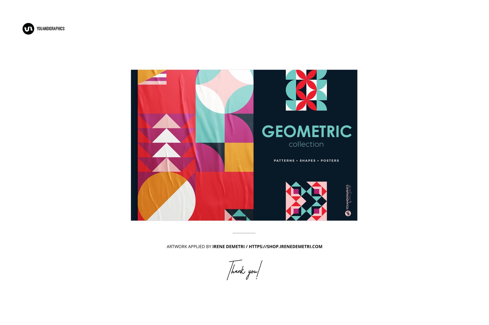 Colorful geometric fine art print mockup featuring bold shapes and patterns, shown from above on a white surface.