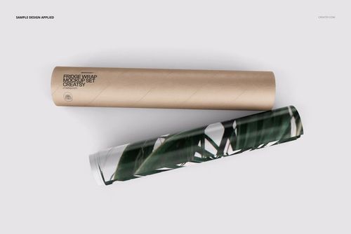 Rolled fridge wrap mockup set showing a brown cardboard tube and a printed wrap with green leaf pattern, top view.