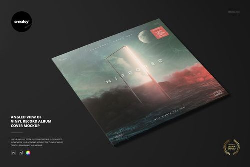 Angled view of a vinyl record album cover mockup featuring a surreal landscape design with a glowing doorway and moon.