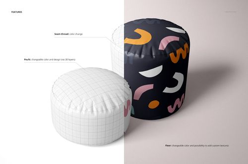 Pouf PSD mockup showing two cylindrical poufs, one featuring a playful multicolor design, the other with editable grid lines.