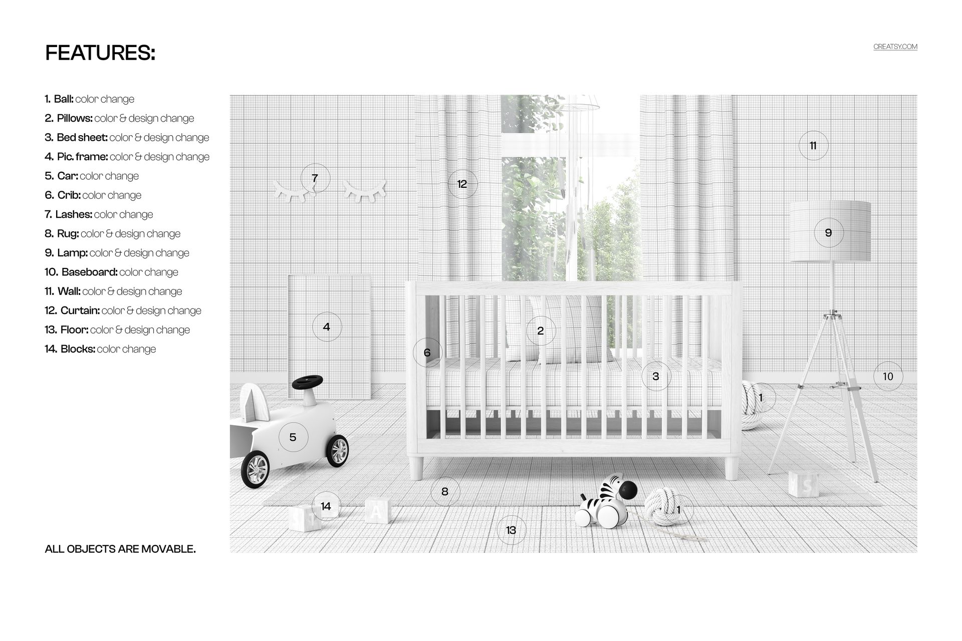Front view of a white baby crib in a nursery room with a floor lamp, toys, and large window, PSD mockup scene.