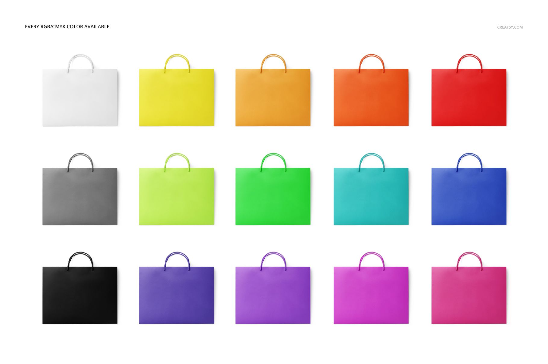 Eurotote bag mockup set showing various vibrant solid colors arranged in four rows against a clean white backdrop.