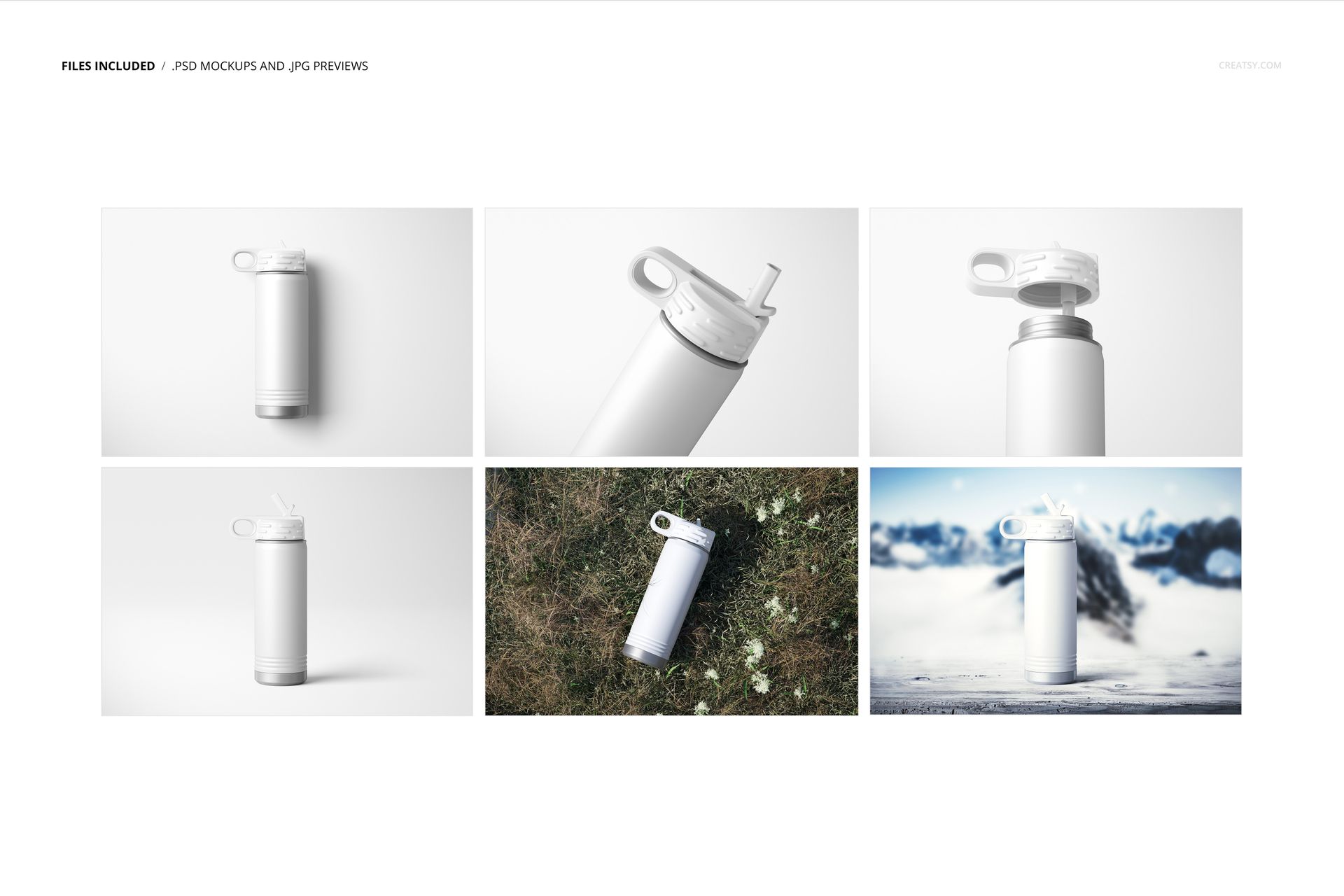 Powder coated 20 oz. water bottle mockup set showing bottle in various angles and settings, including outdoor scenes.