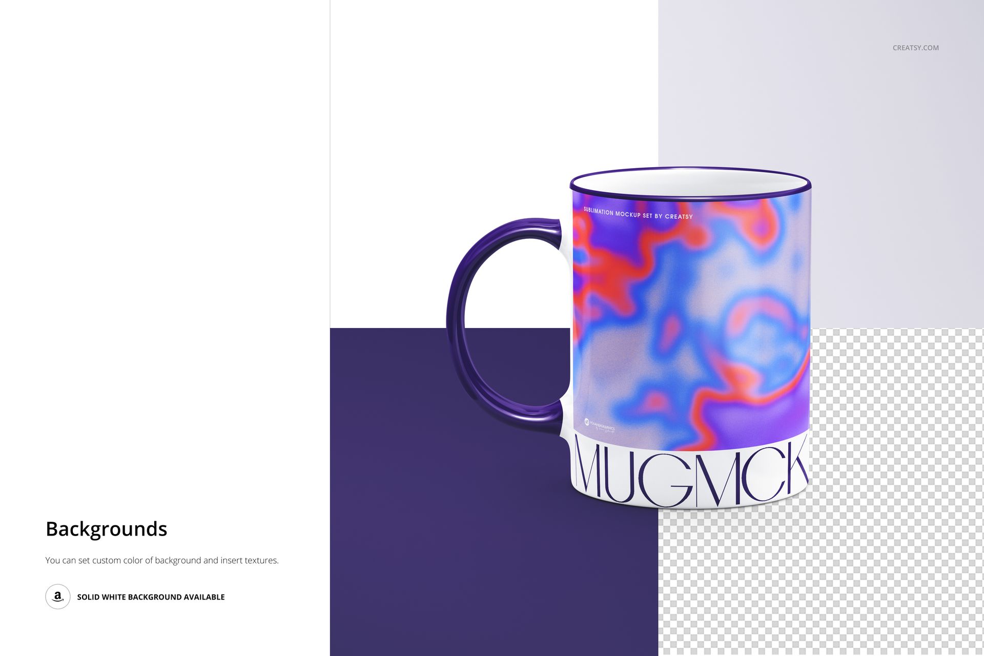 Ceramic mug mockup with a colorful abstract pattern, shown from a front angle on a split purple and white background.