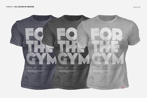 PSD mockup showing trio of athletic men in different colored t-shirts, displayed side by side against a white background.