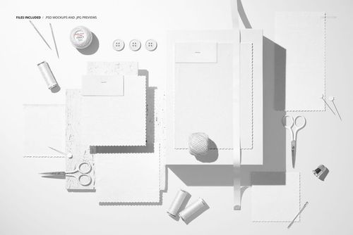 Flat lay of multiple rectangular jersey fabric samples with scissors, needles, and sewing accessories in a PSD mockup scene.