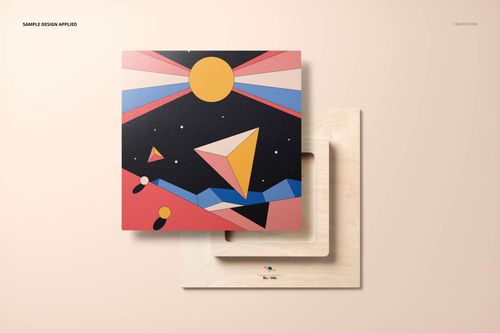 Mockup of square plywood wall art featuring a colorful geometric pattern, displayed on a light neutral background.