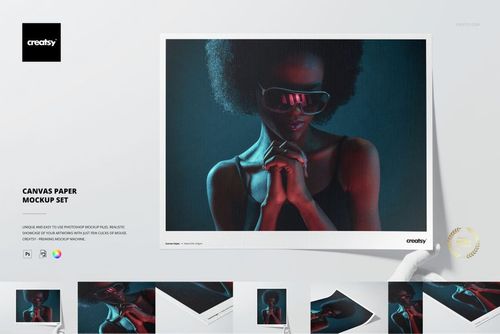 Canvas paper mockup set featuring a rectangular print with a dark, moody portrait and white border on a light background.