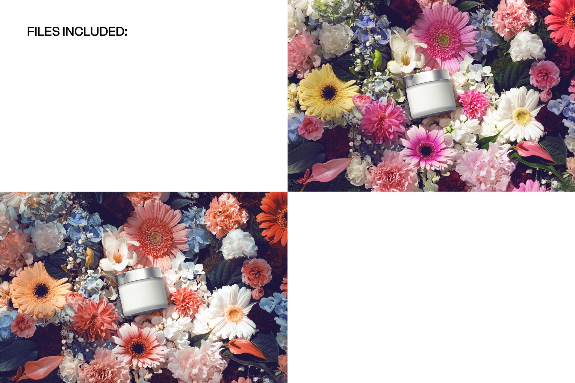Skincare cream jar mockup placed on a vibrant floral background with assorted colorful flowers in a studio scene.