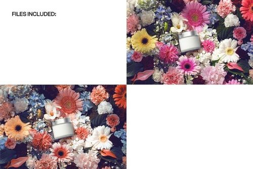 Skincare cream jar mockup placed on a vibrant floral background with assorted colorful flowers in a studio scene.