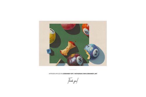 Front view of a vinyl record cover mockup featuring colorful billiard balls and a bitten apple on a green surface.