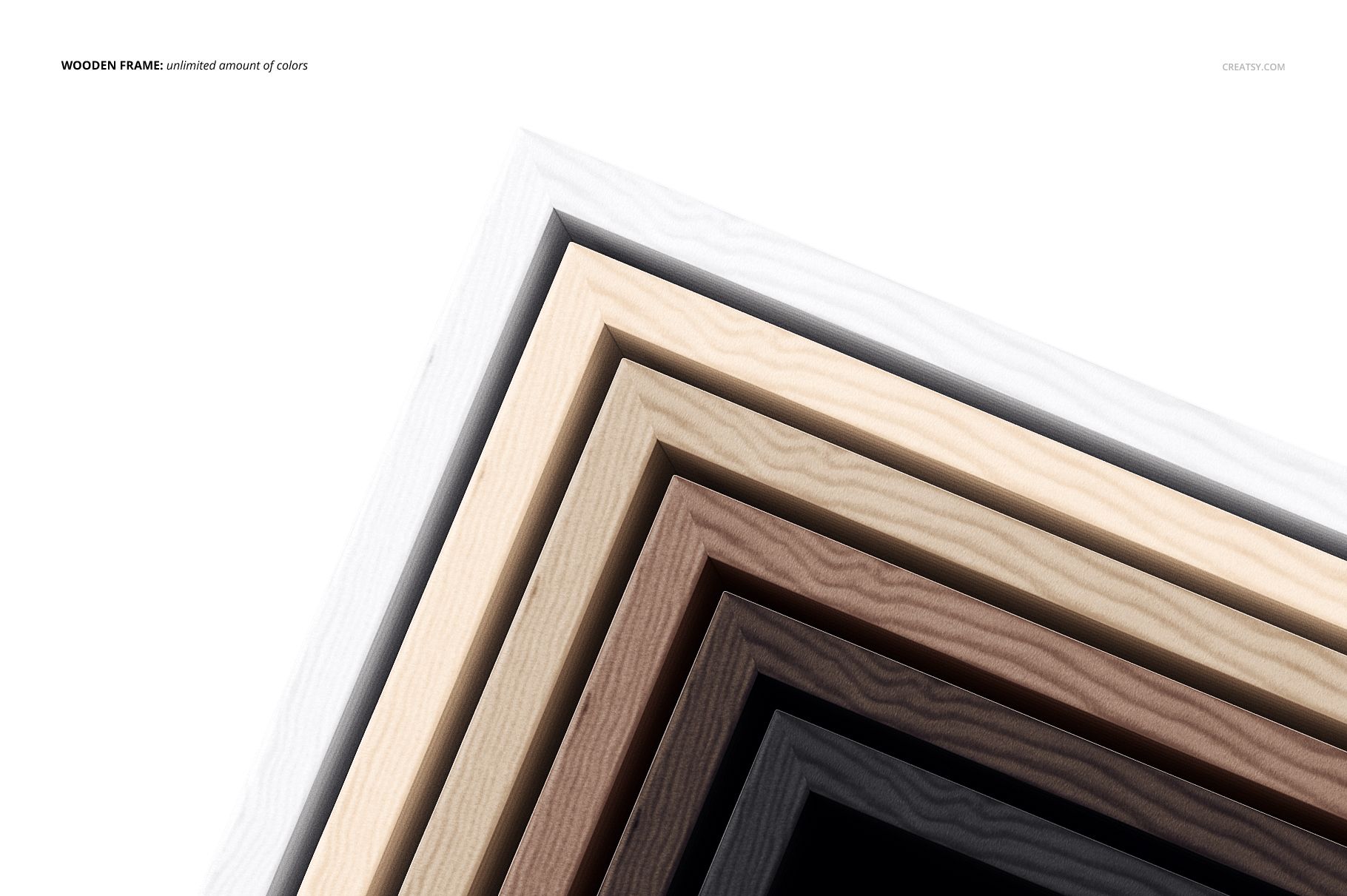 Diagonal arrangement of canvas mockups in wooden floater frames, featuring white, beige, brown, and black finishes.