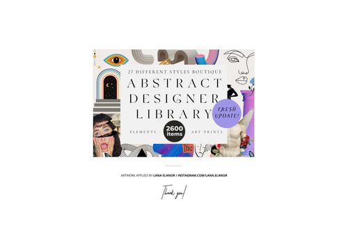 Front view of a colorful abstract designer library mockup featuring various art elements and patterns.