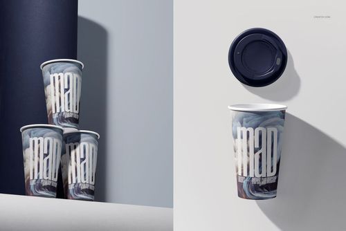 Paper cup PSD mockup set showing three stacked cups with artistic patterns and one cup with a dark lid on a light background.