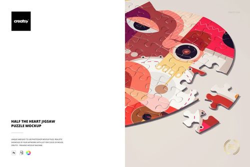 Colorful half-heart jigsaw puzzle mockup with abstract patterns, separated pieces, and top-down perspective on beige background.