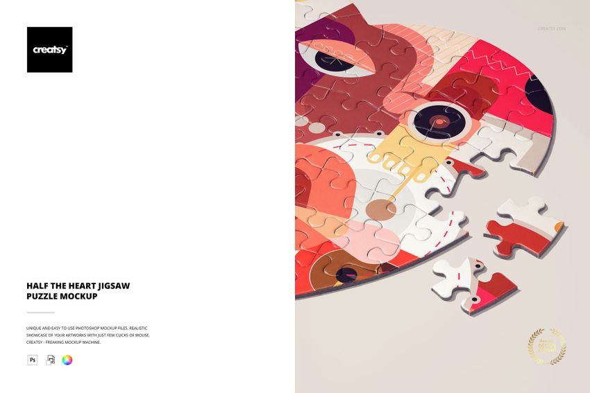 Colorful half-heart jigsaw puzzle mockup with abstract patterns, separated pieces, and top-down perspective on beige background.