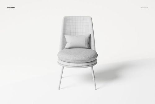 Front view of a modern upholstered armchair with a matching pillow, shown in a light gray wireframe style on a white background.