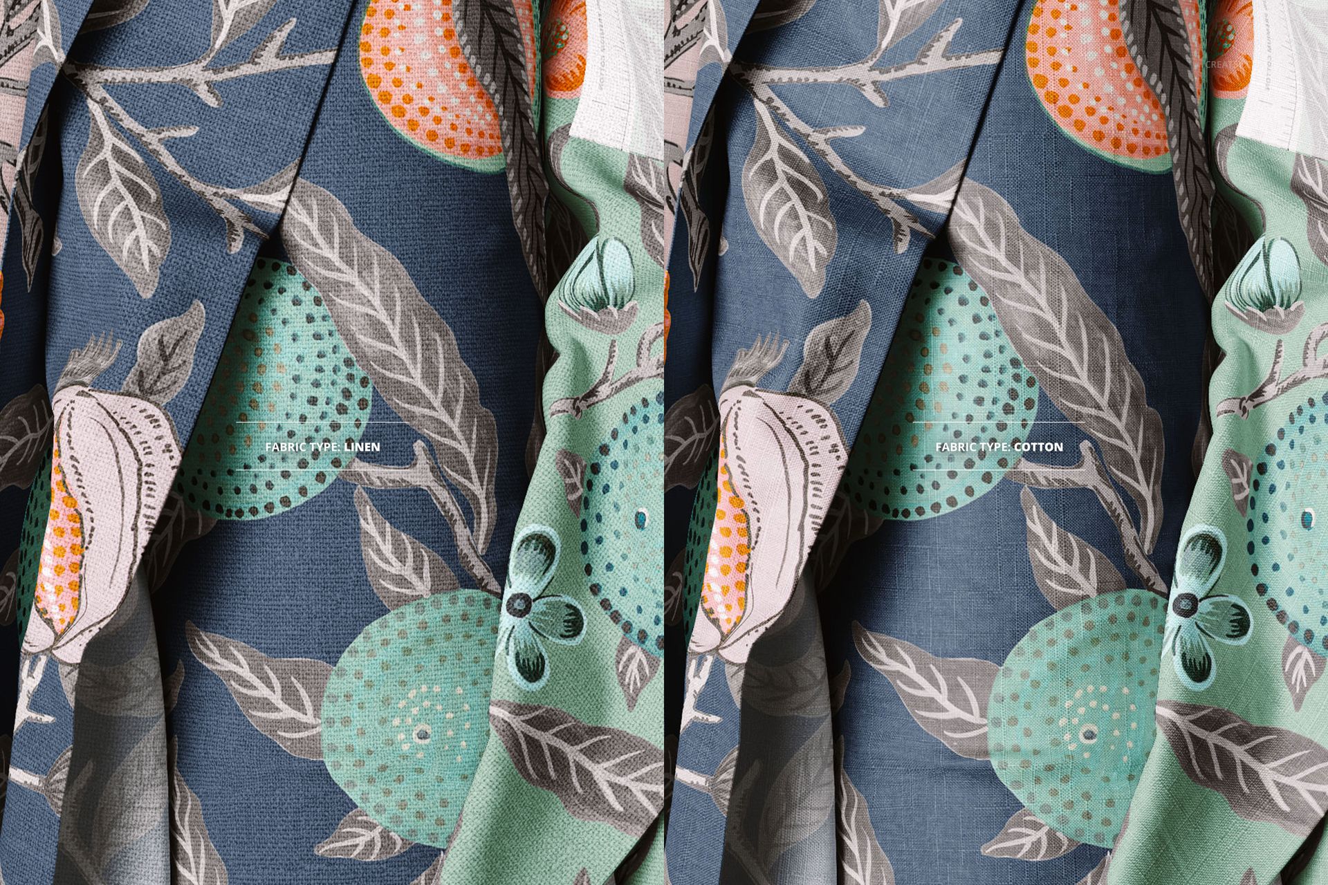 Botanical patterned fabric rolls in blue and green shades, displayed side by side with linen and cotton labels in a mockup.