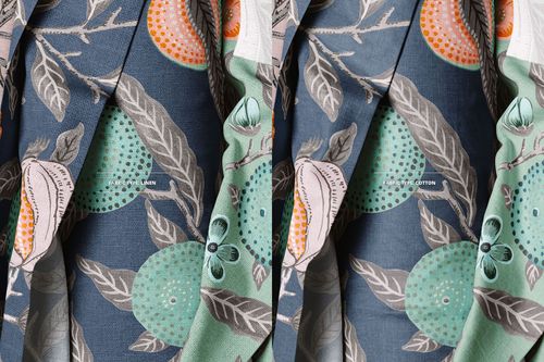 Botanical patterned fabric rolls in blue and green shades, displayed side by side with linen and cotton labels in a mockup.