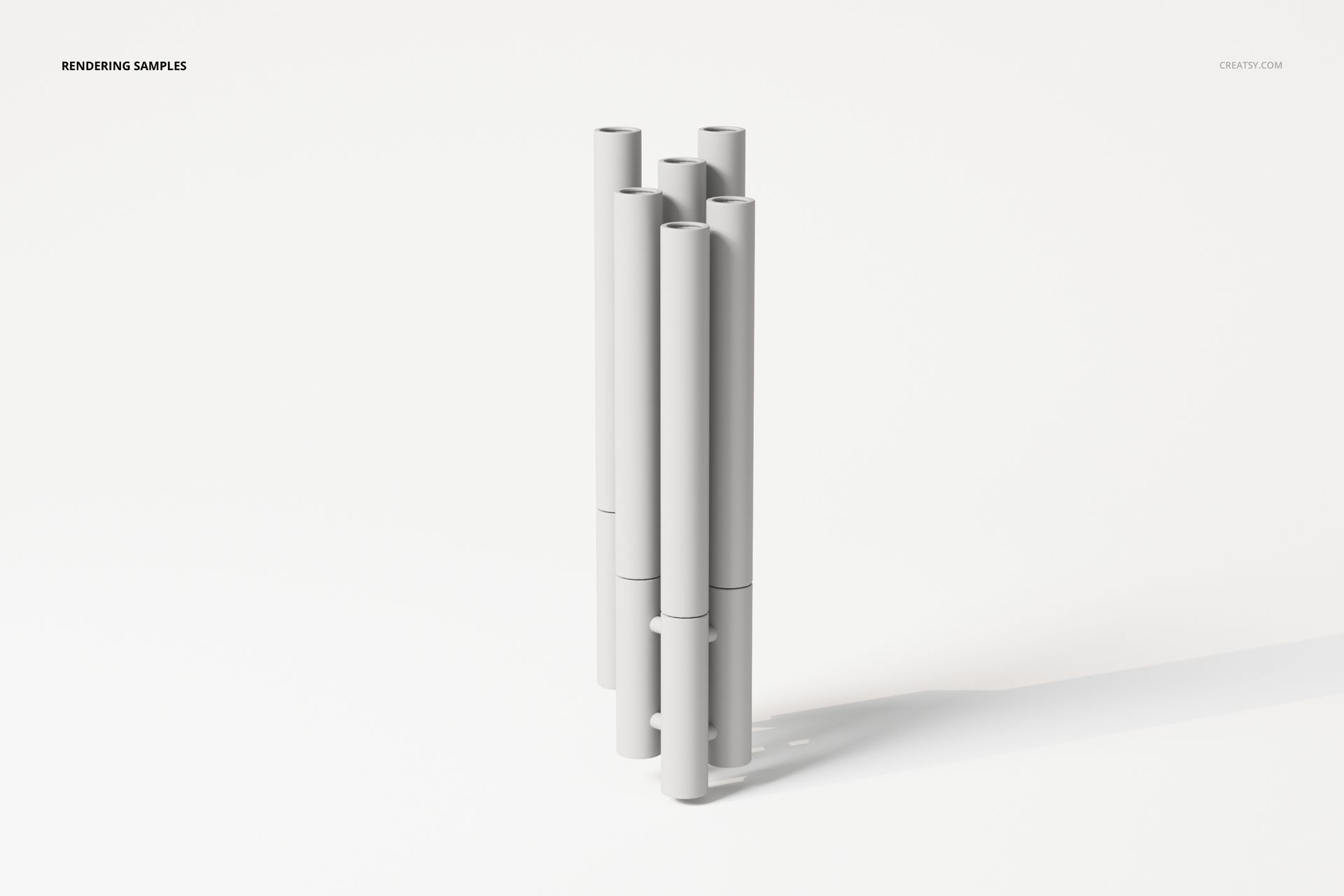 Modern wall light 3D model with cylindrical tubes arranged vertically, shown in a minimal white setting, front view.