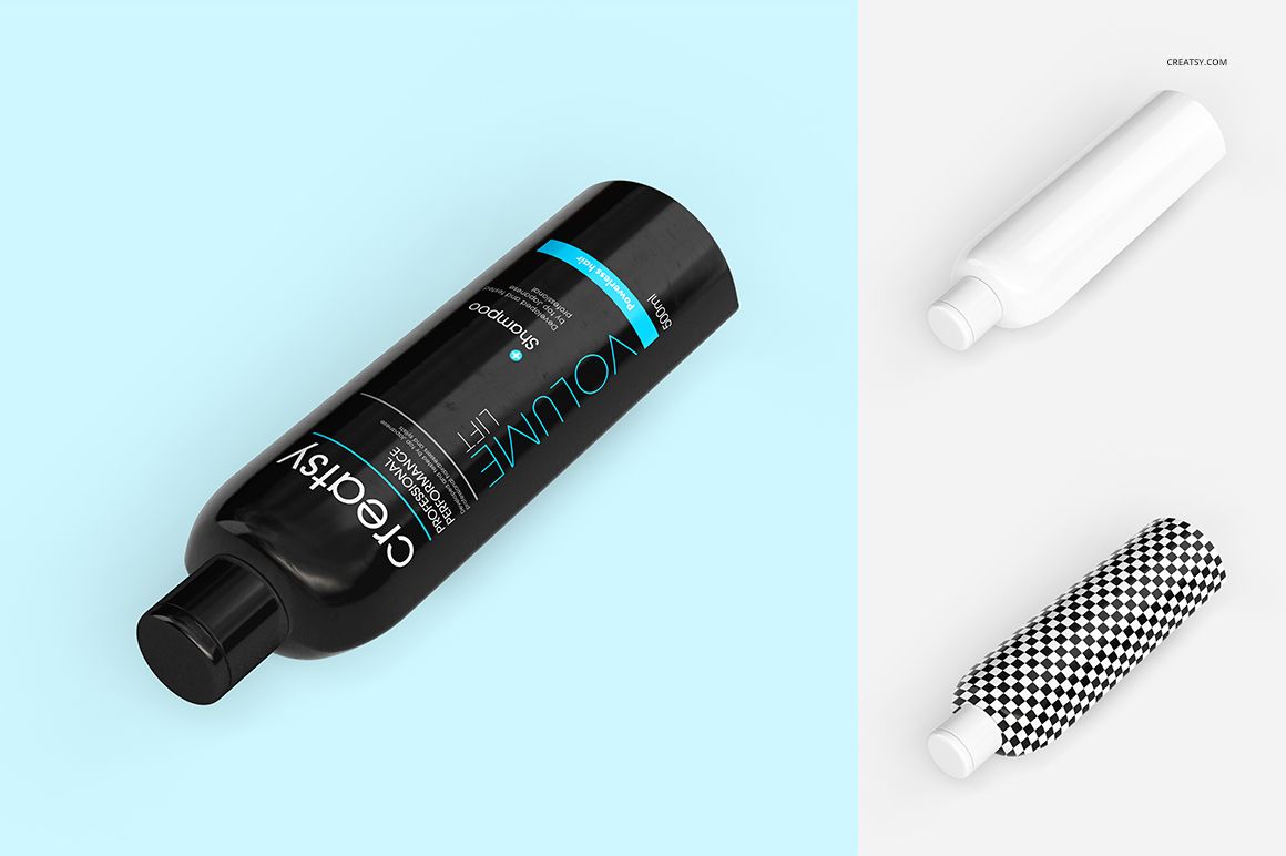 Shampoo bottle mockup set featuring a black bottle with blue accents, shown in a tilted front view on a light blue background.