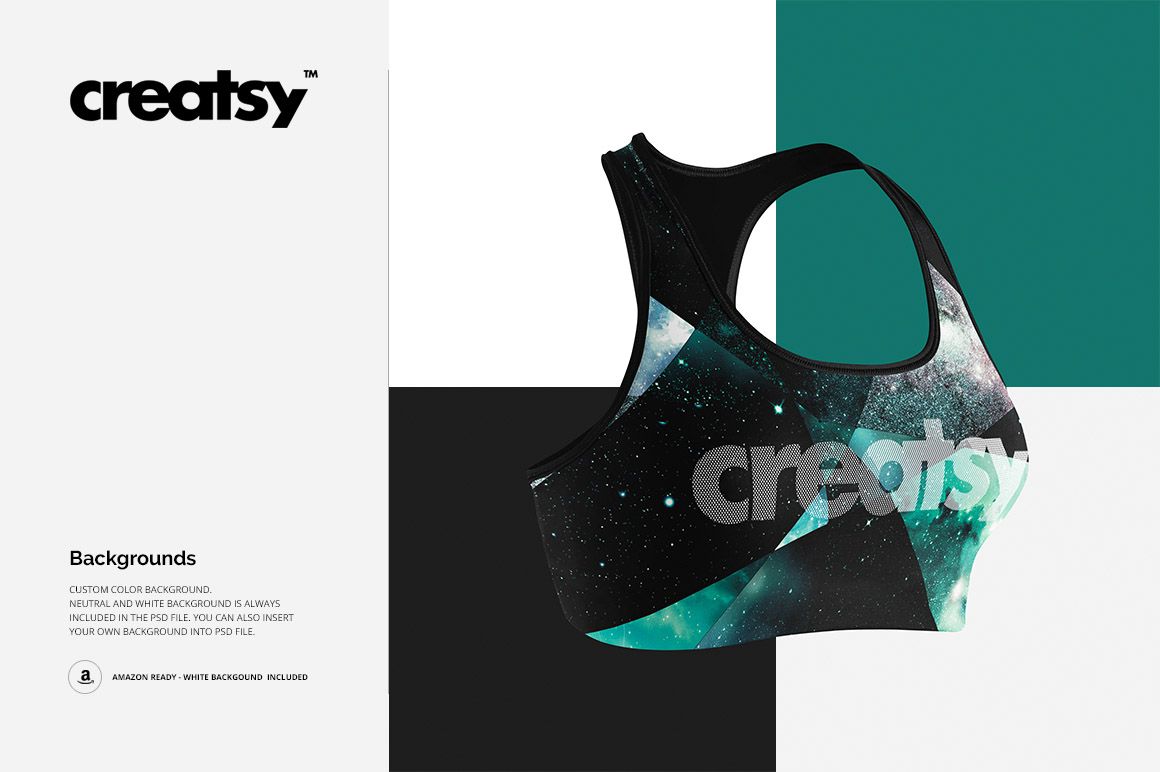 PSD mockup of a sport bra in front perspective, featuring abstract teal and black design with star-like accents.