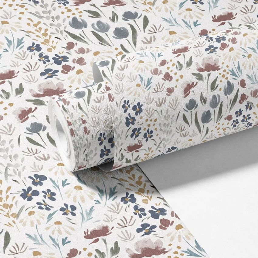 Non-woven vinyl wallpaper mockup featuring a roll with a vintage floral pattern in muted tones on a white background.