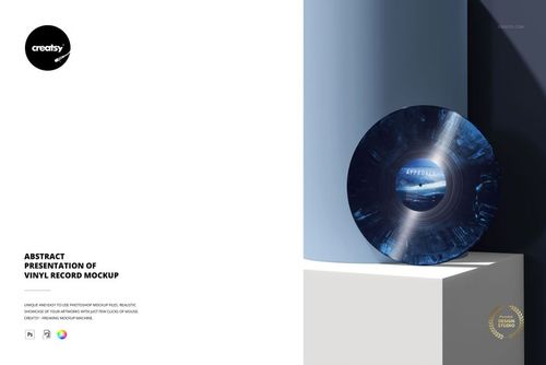 Abstract presentation of a vinyl record mockup featuring swirling blue tones, shown standing on white and blue cubes.