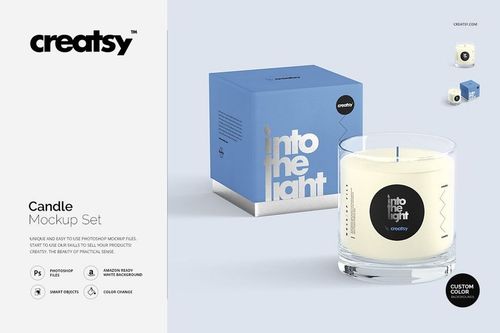 Front view of a clear glass scented candle with white wax and a blue box, shown in a candle mockup set.