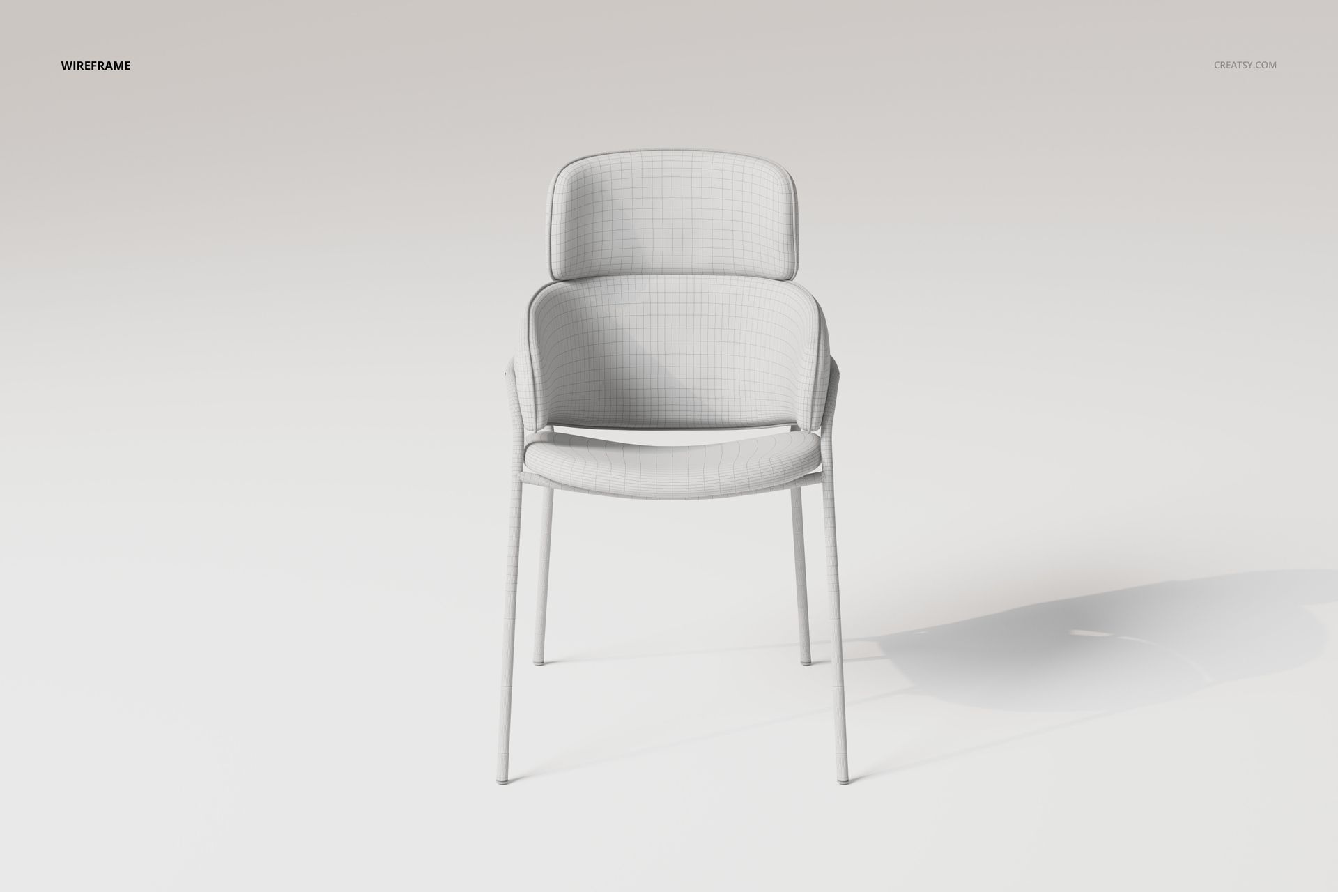 Front view of a modern arm dining chair 3D model in white, featuring a curved backrest and slim metal legs on a plain background.