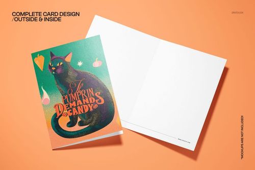 Halloween card mockup showing a black cat with mystical accents, pumpkins, and candy on a vibrant orange surface.