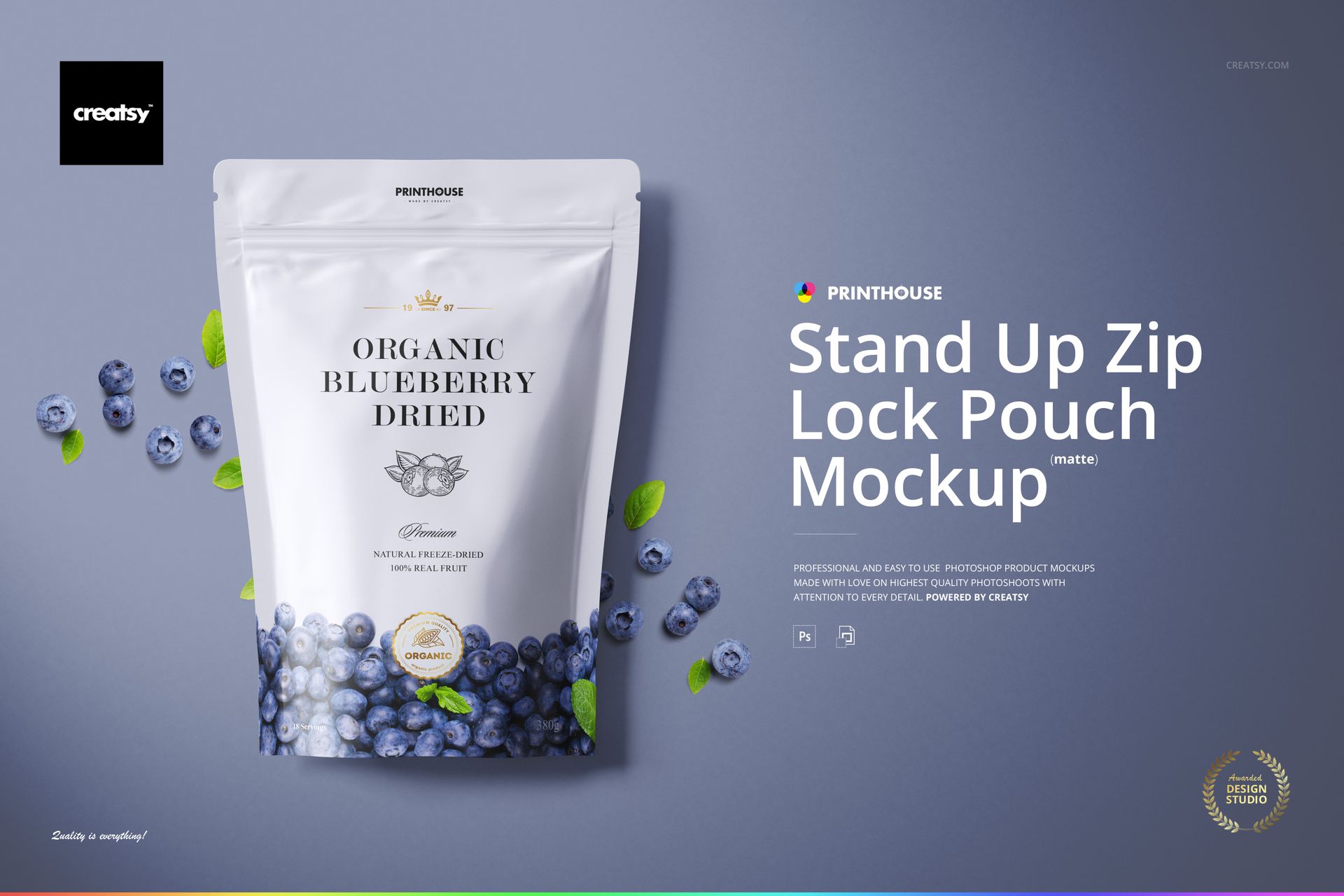 Front-facing matte zip lock pouch mockup featuring organic blueberry design, displayed with loose blueberries on a purple surface.