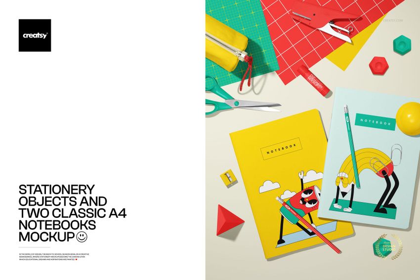 Stationery Objects and Two Classic A4 Notebooks Mockup - mockup screenshot 1