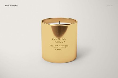 Classic candle mockup featuring a shiny gold metal container, viewed from the front against a neutral backdrop.
