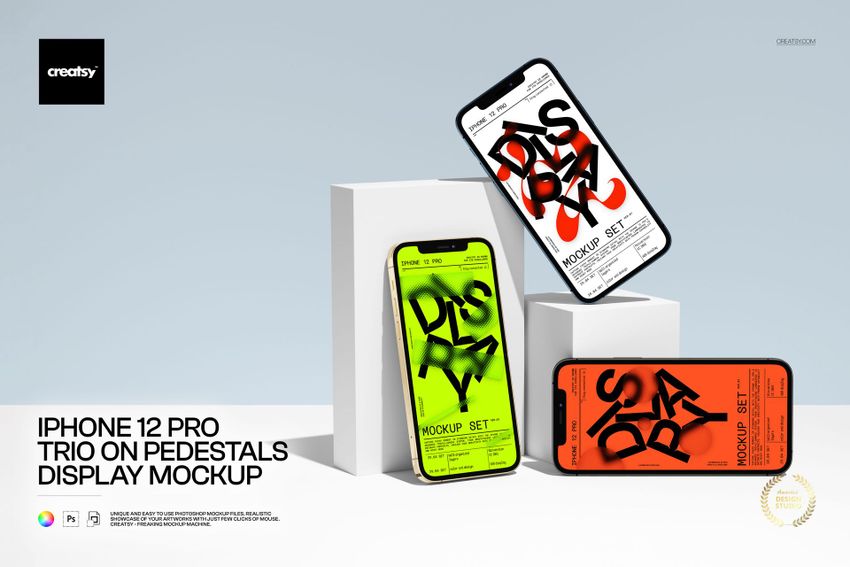 Free iPhone 12 Pro Trio on Pedestals App UI Display PSD Mockup - mockup screenshot 1