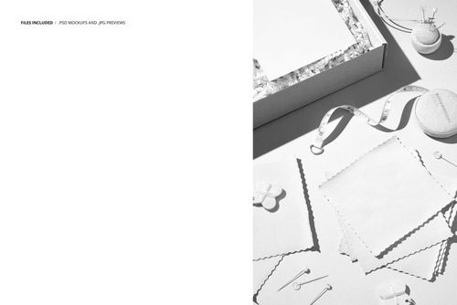 Flat lay of a PSD mockup showing jersey fabric swatches, a mailing box, and sewing accessories in a bright setting.