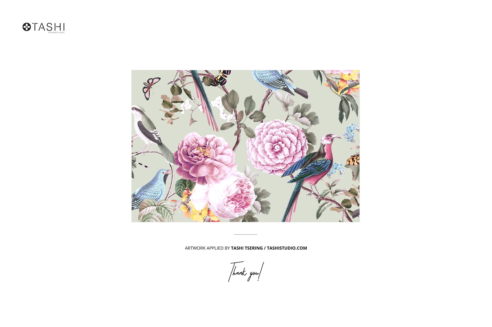 Lying fabric mockup with a floral and bird design, showing soft pink peonies, leaves, and blue birds on a pale surface.