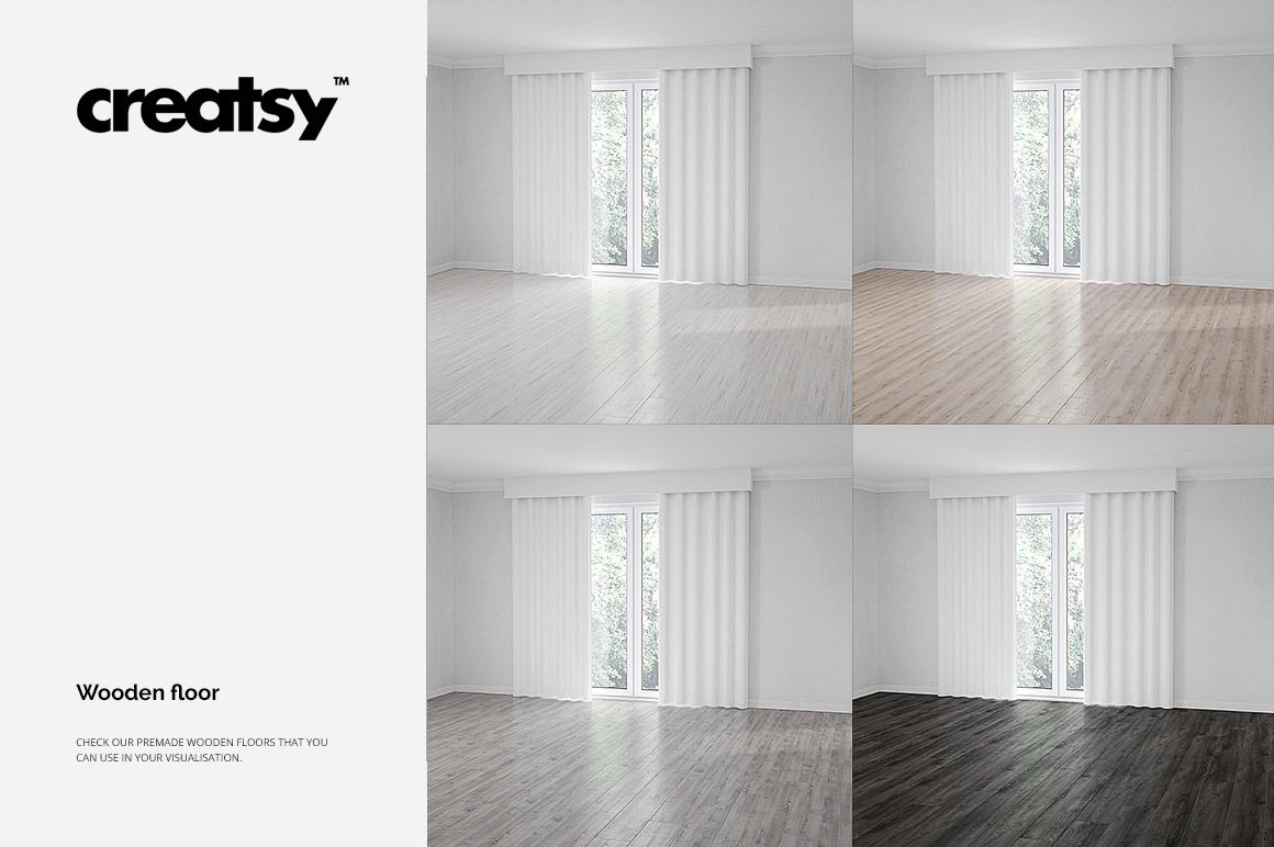 Curtains room scene mockup showing four variations of wooden floor, sheer white curtains, and large window.
