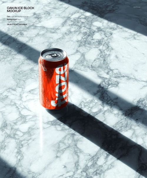Close-up view of a soda can mockup on a textured marble background, featuring bold lighting and shadow effects.