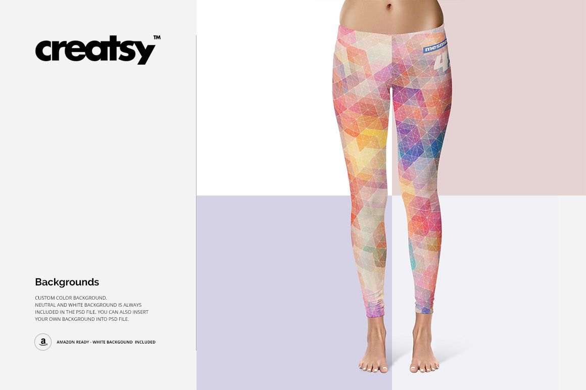 PSD mockup of long leggings featuring multicolored polygon design, shown from the front with neutral and white backgrounds.