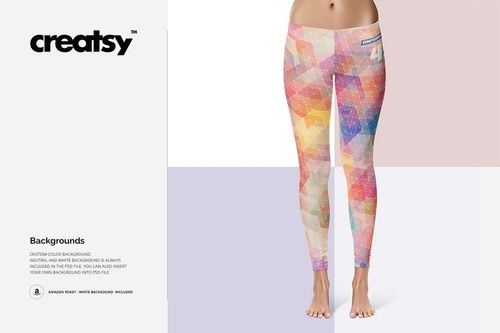 PSD mockup of long leggings featuring multicolored polygon design, shown from the front with neutral and white backgrounds.