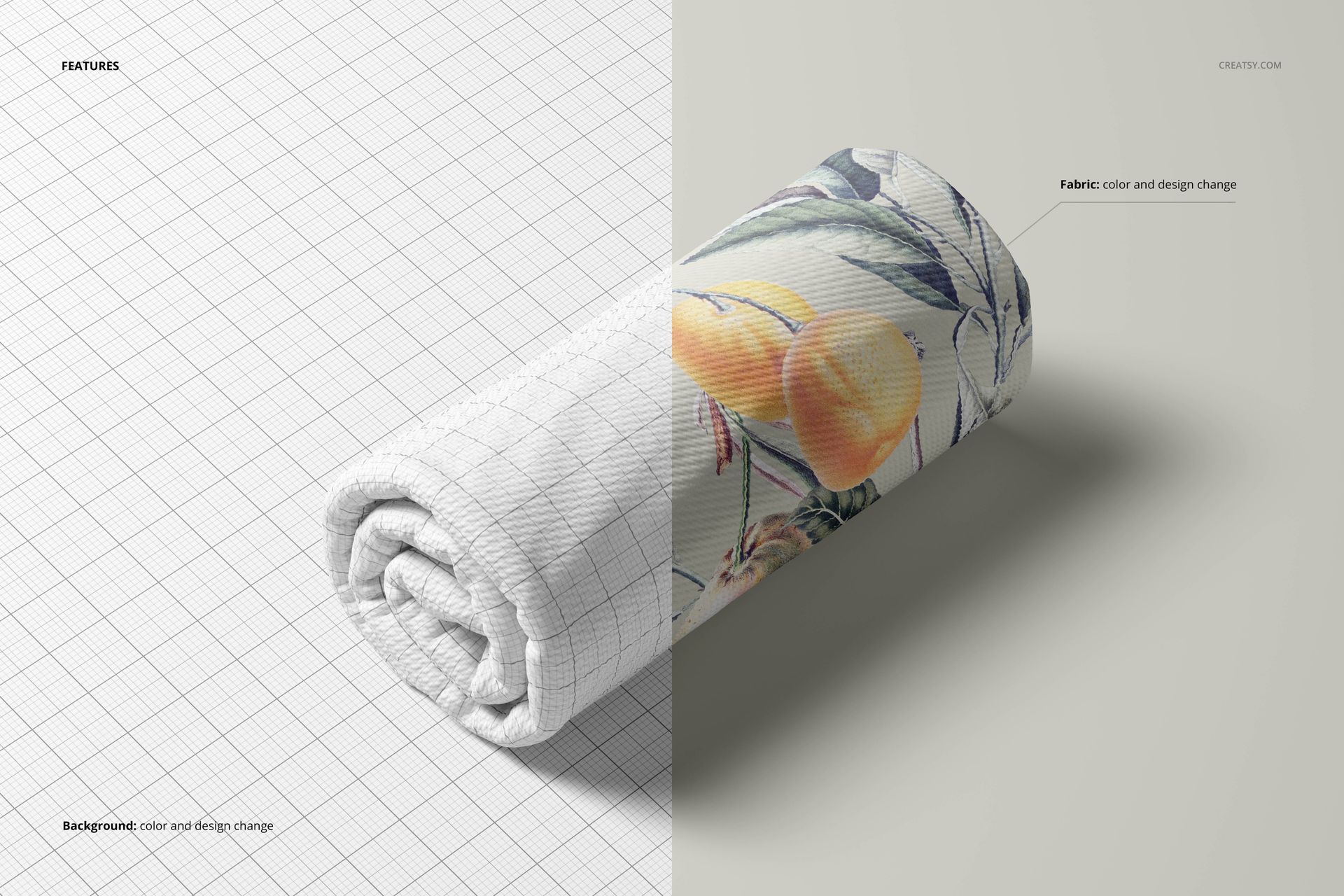 Rolled fabric mockup shown from an angled top view, featuring a textured fruit pattern and a grid overlay.