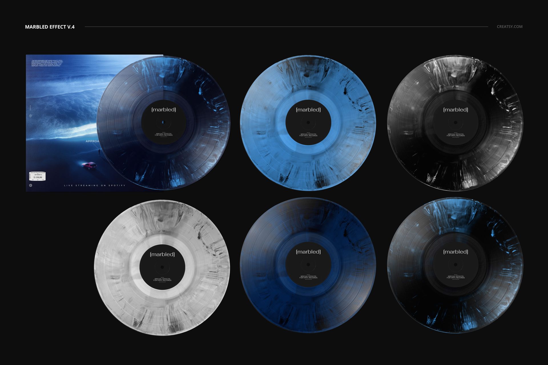 Front view of six marbled vinyl records in blue, black, and white tones arranged beside a music album cover mockup.