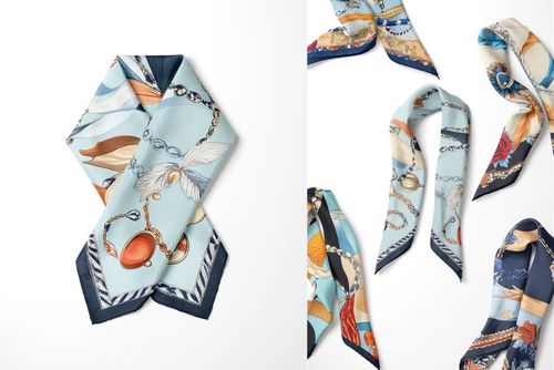 Silk scarf mockup featuring folded and laid out scarves with chain and jewel patterns in blue and orange tones.
