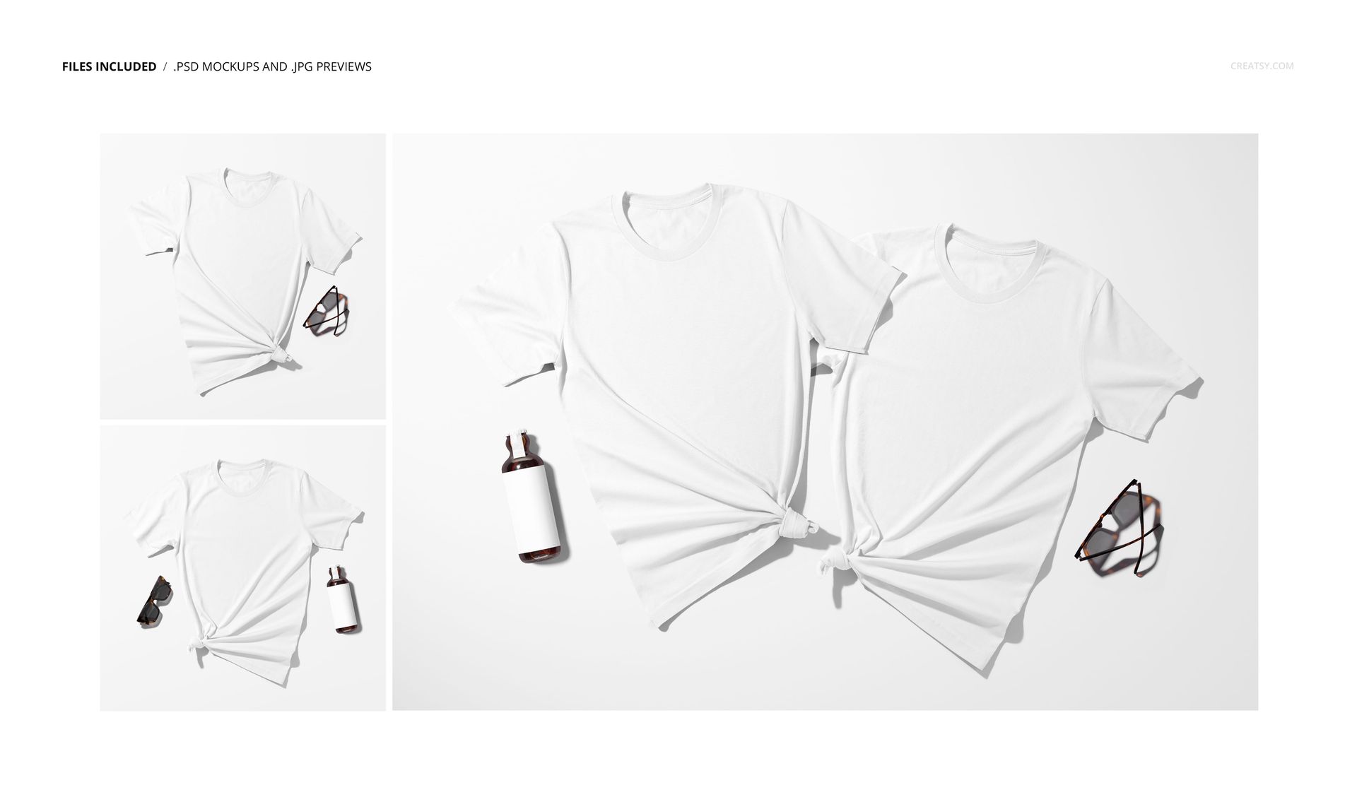 PSD mockup showing a pair of white tied t-shirts laid flat with a bottle and glasses as props, photographed from above.
