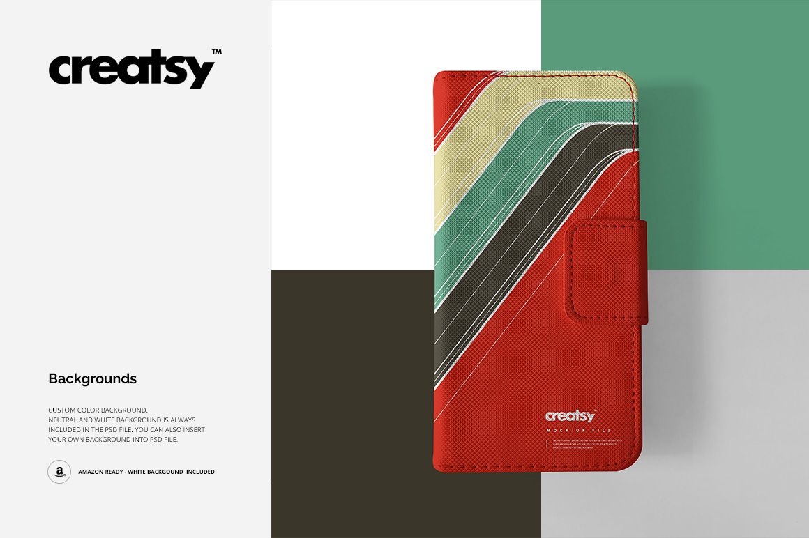 Front view of a leather wallet phone case mockup with a colorful diagonal stripe pattern on a red cover, set against a geometric background.