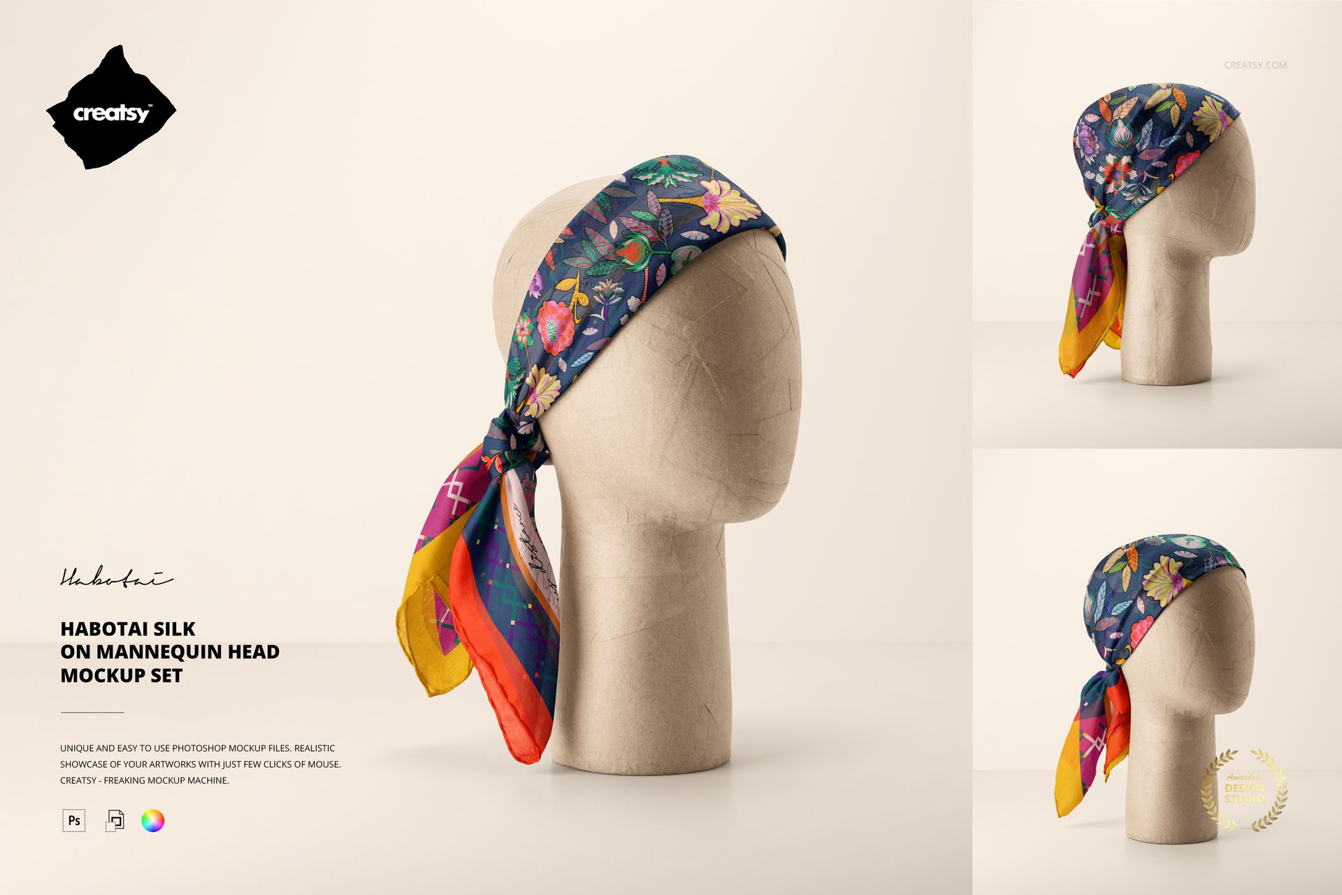 PSD mockup of a habotai silk scarf featuring vibrant designs, wrapped around a mannequin head in three views.