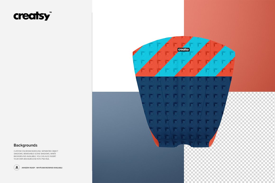 Surfboard traction pad mockup with bold diagonal stripe pattern, displayed against a segmented background with grid and solid colors.