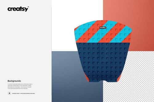 Surfboard traction pad mockup with bold diagonal stripe pattern, displayed against a segmented background with grid and solid colors.